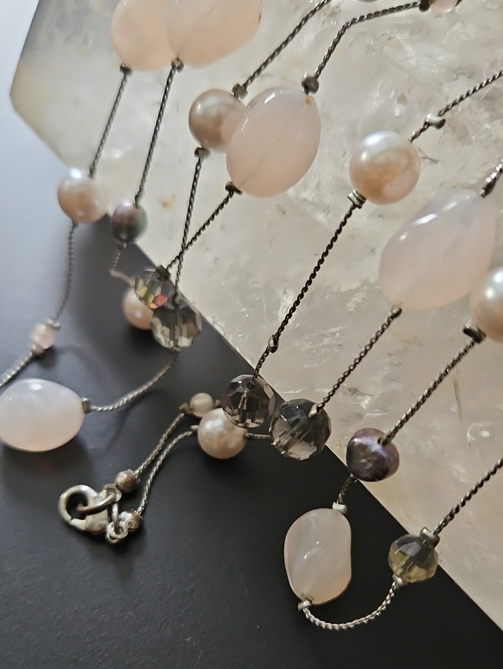 Vintage Rose Quartz Black Tahitian Pearls Long Layering Necklace 62" Multi Beads